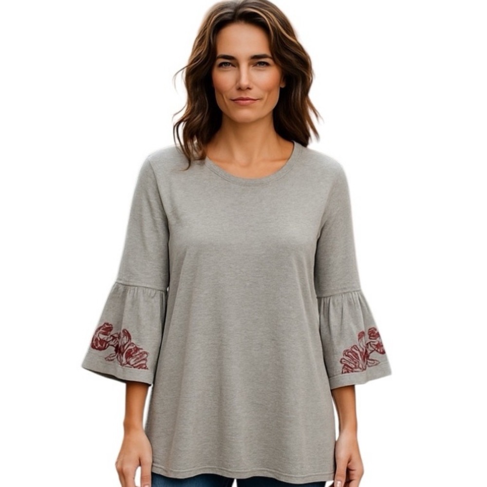 CUPIO HEATHER GREY Floral Embroidered Bell Sleeve Tunic Dress M